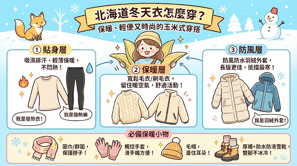 北海道冬天衣服、雪靴怎麼穿？保暖、輕便又不容易弄丟東西的玉米式穿搭法